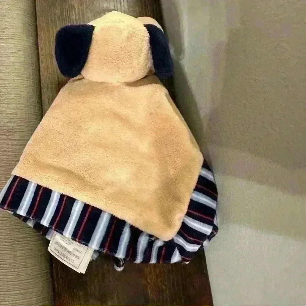 Tender Kisses Tan Puppy Dog Lovey‎ Blanket Blue Red Stripe Edge Satin Back 12x12